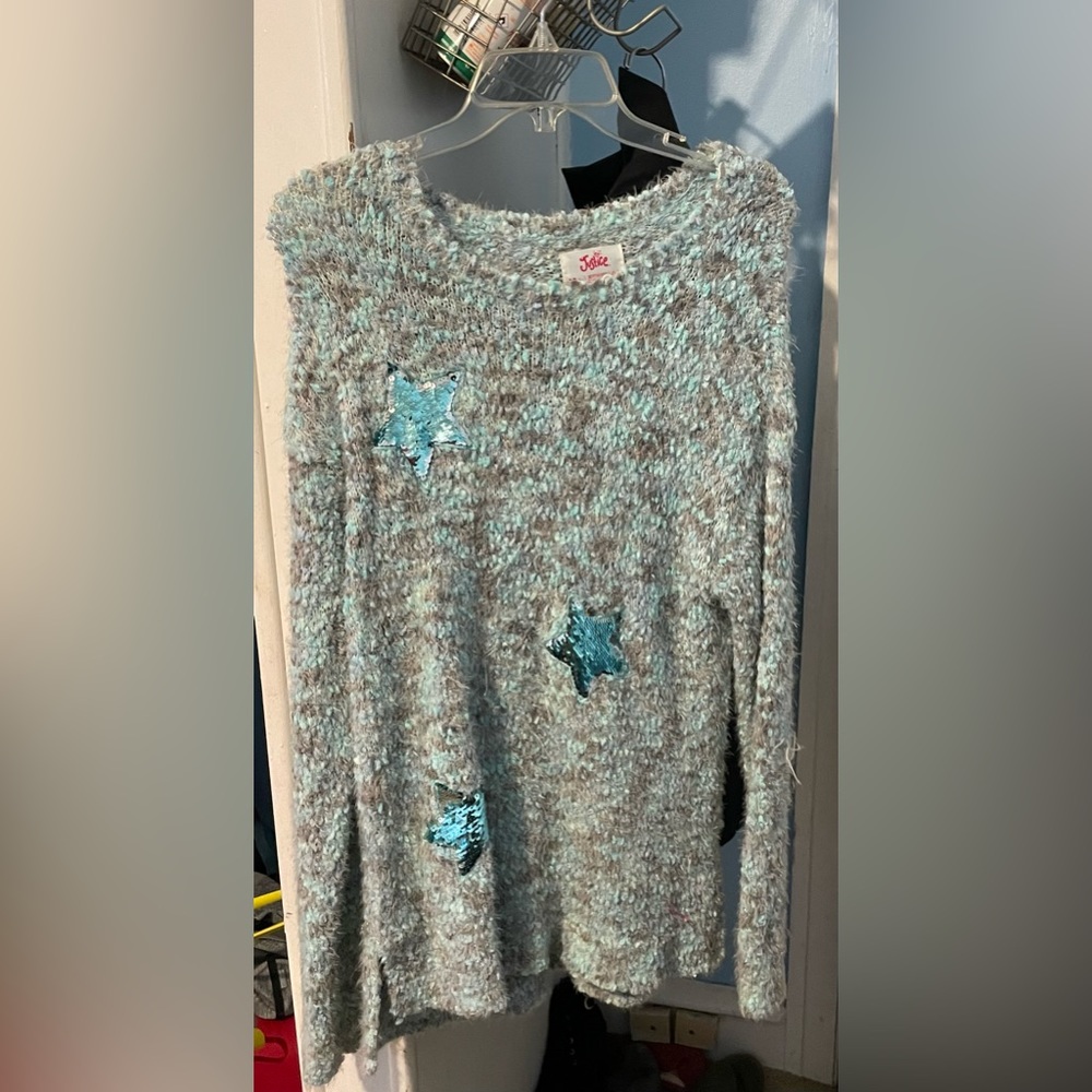 blue and grey sweater with color changing sequins